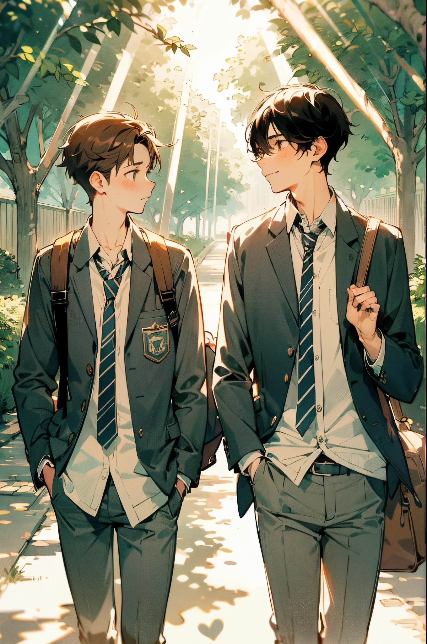 This is a Pixiv-style vertical illustration.。, painted two handsome young men, one person has brown hair、The other has black hair., Wear school uniforms and walk side by side. While walking along a tree-lined avenue bathed in the morning sunlight、Two people having a lively conversation. Artwork reflects Japanese anime style、Has clear line drawings, Transparent watercolor, and clear shading, moments of friendship、A photo that captures the serene beauty of the morning walk to school