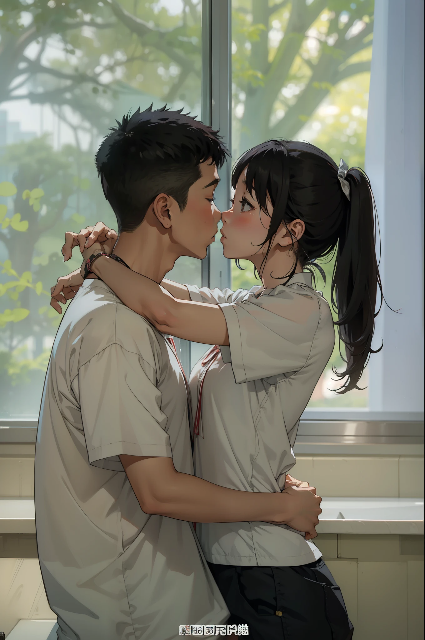 Anime couple kissing in front of window with trees outside - SeaArt AI