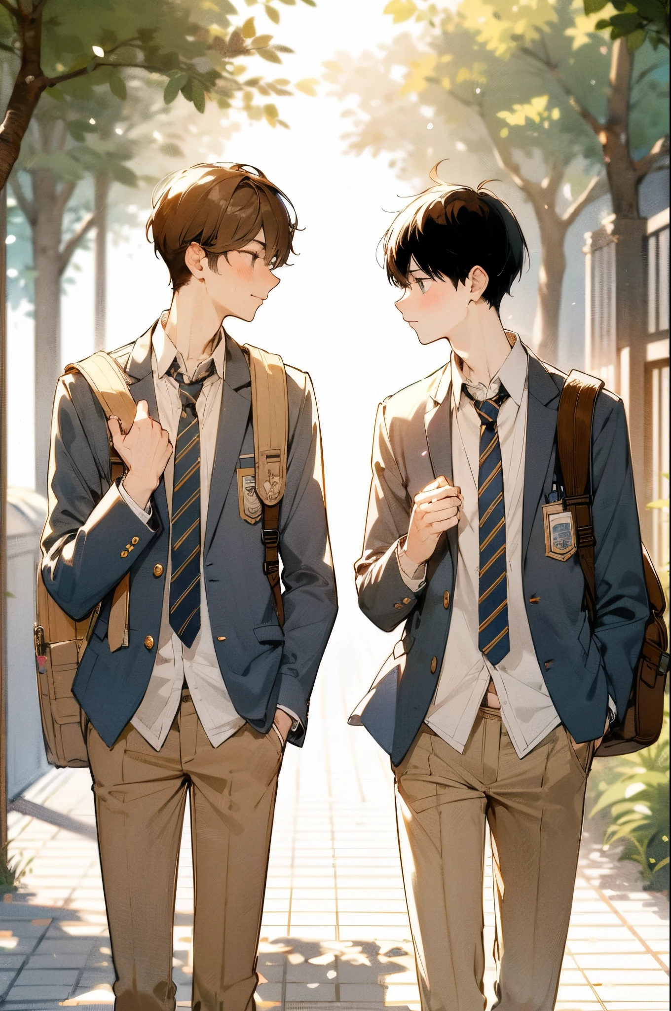 This is a Pixiv-style vertical illustration....。, depicting two handsome young men, one person has brown hair、The other has black hair...., Wear school uniforms and walk side by side. While walking along the tree-lined avenue bathed in the morning sun、Two people having a lively conversation. Artwork reflects Japanese anime style、There is a clear line drawing, Transparent watercolor, and clear shading, Moments of friendship、A photo that captures the serene beauty of the morning walk to school