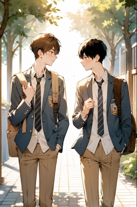 This is a Pixiv-style vertical illustration....。, depicting two handsome young men, one person has brown hair、The other has blac...