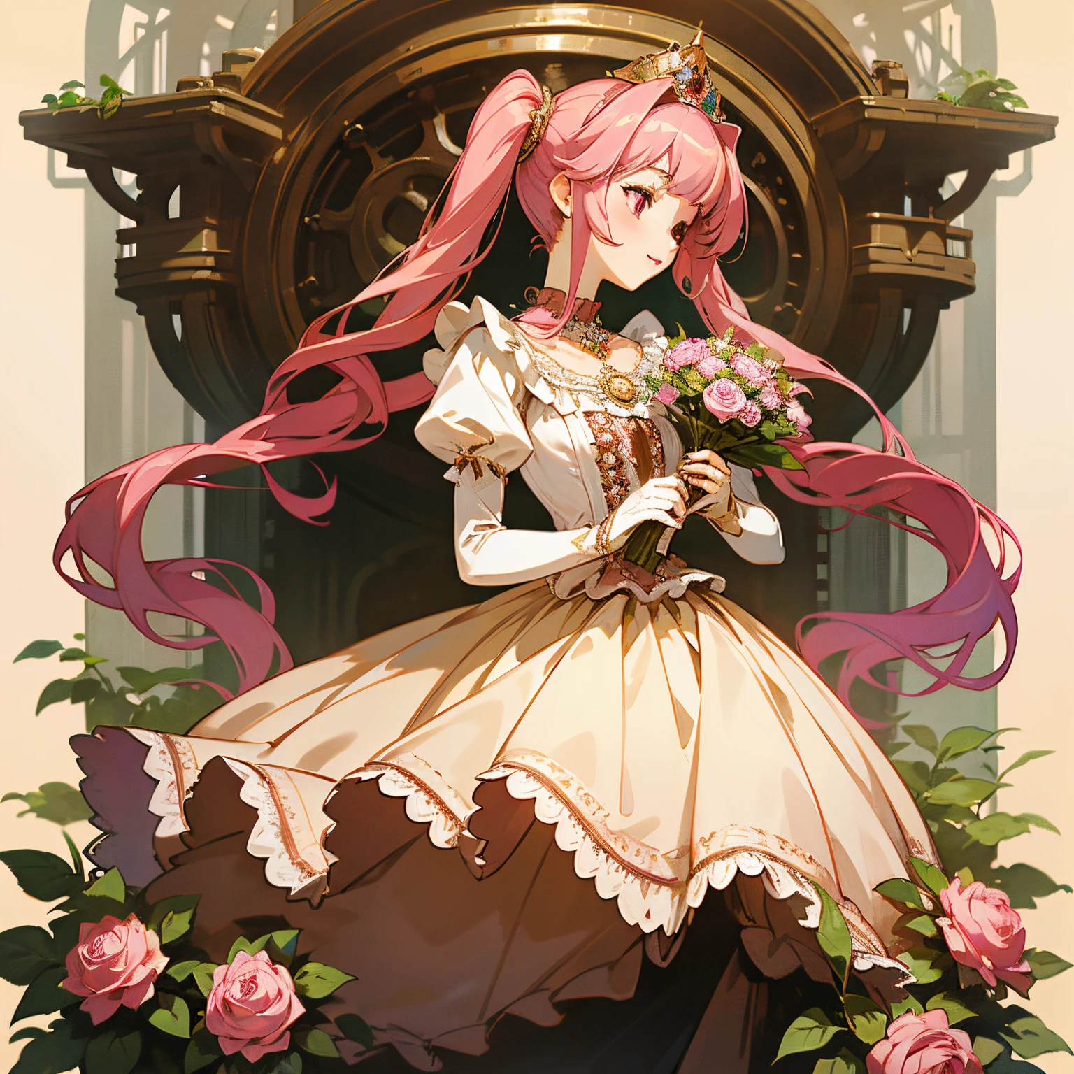 best quality,highres:1.2), ultra-detailed,realistic, anime style, portrait, full-length, pretty 15 years old princess, beautiful detailed eyes, cute happy expression, long red pigtails hair, pink eyes, small breast, makeup and lipstick, steampunk, golden gears and machinery details, red and white ball gown with puffy sleeves, lace trim and ruffles, elaborate embroidery, delicate lace gloves,pretty tiara adorned with gems, fancy necklace and earrings,princess holding a rose bouquet in her hand, standing in a lush garden with blooming flowers, cobblestone pathway, steampunk landscape with floating islands and airships, cotton candy-colored clouds, soft golden sunlight illuminating the scene.