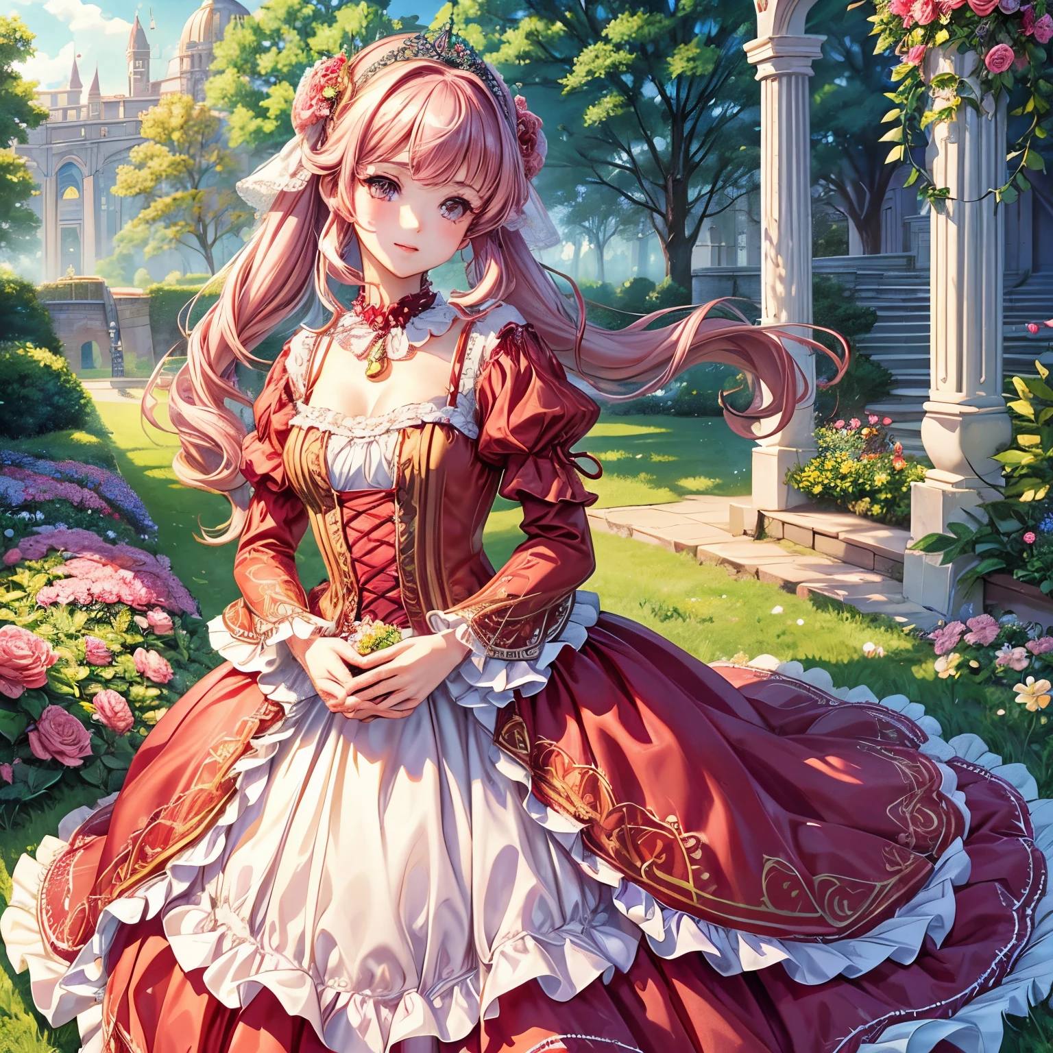 best quality,highres:1.2), ultra-detailed,realistic, anime style, portrait, full-length, pretty 15 years old princess, beautiful detailed eyes, cute happy expression, long red pigtails hair, pink eyes, small breast, makeup and lipstick, steampunk, golden gears and machinery details, red and white ball gown with puffy sleeves, lace trim and ruffles, elaborate embroidery, delicate lace gloves, pretty tiara adorned with gems, fancy necklace and earrings,princess holding a rose bouquet in her hand, standing in a lush garden with blooming flowers, cobblestone pathway, steampunk landscape with floating islands and airships, cotton candy-colored clouds, soft golden sunlight illuminating the scene.