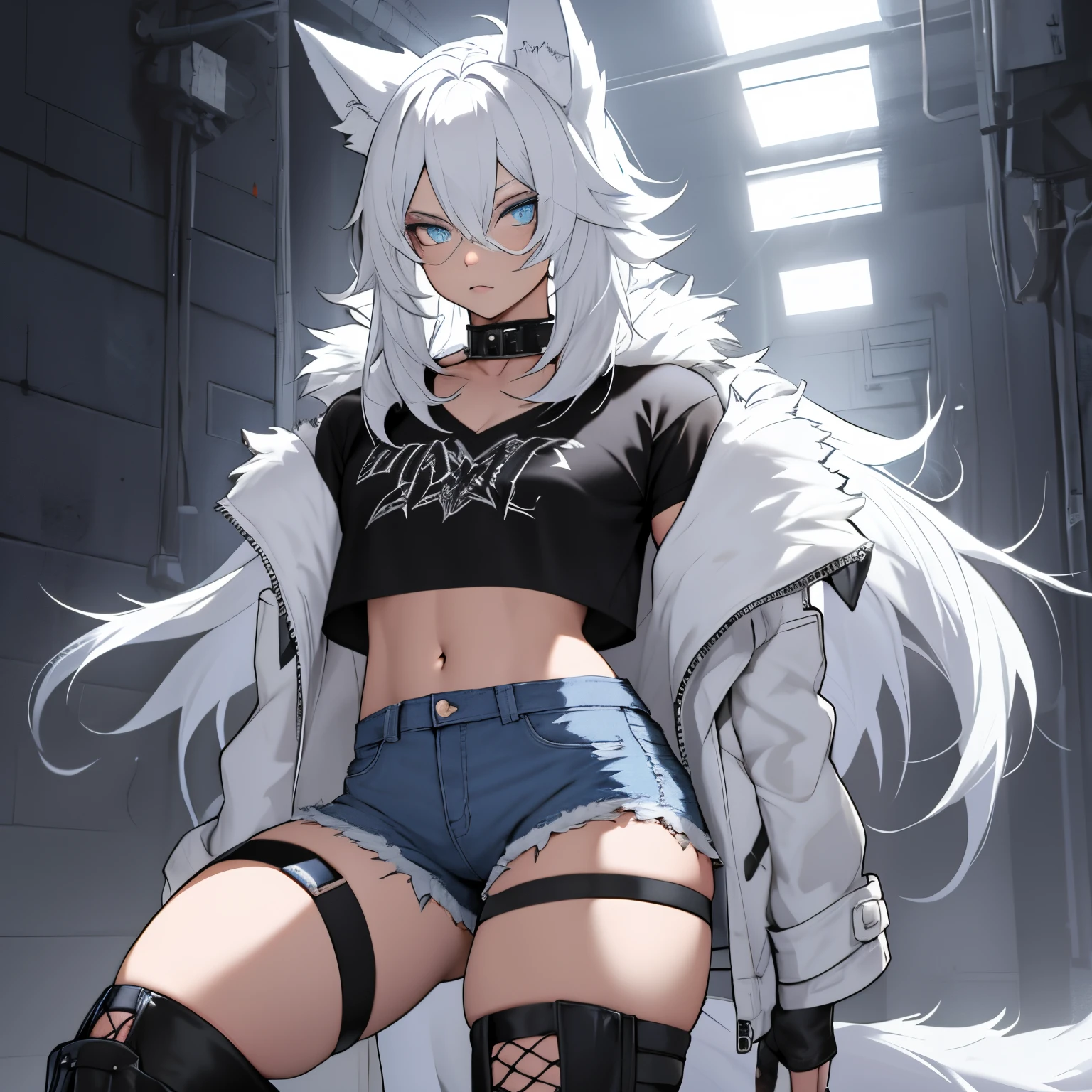 Alleinstehender Junge, Anime-Femboy, kurz, langes weißes Haar, Wolfsohren, wolf tail, blaue Augen, kurze Jeansshorts tragen, oberschenkelhohe Netzstrümpfe, schwarze Kampfstiefel, trage eine offene Jacke mit Pelzfutter, flache Brust, super flache Brust, trage ein kurzes T-Shirt, Allein femboy, nur ein Femboy ((flache Brust)) Allein, allein, (Allein)(allein) dicke Oberschenkel, Breite Hüften, blaue Augen, perfekte Augen, Perfektes Gesicht, Schmollmund, Glücklich