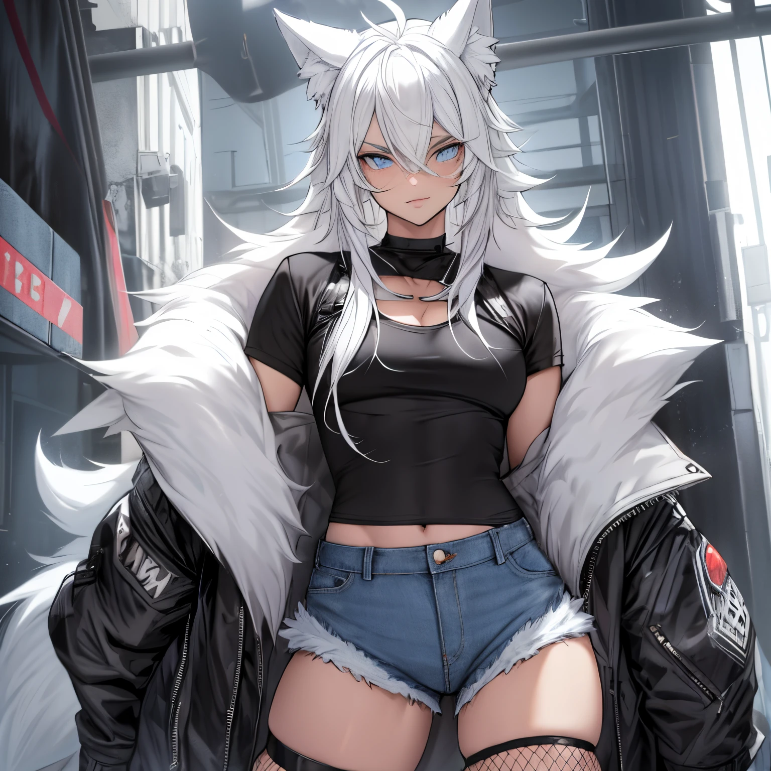 Single boy, Anime Femboy, Short, Long white hair, wolf ears, wolf tail, blue eyes, wearing short denim shorts, thigh high fishnets, black combat boots, wearing fur lined open jacket, flat chest, super flat chest, wearing cropped t-shirt, solo femboy, only one femboy ((FLAT CHEST)) solo, alone, (SOLO)(ALONE) thicc thighs, wide hips, blue eyes, perfect eyes, perfect face, pouty lips, happy