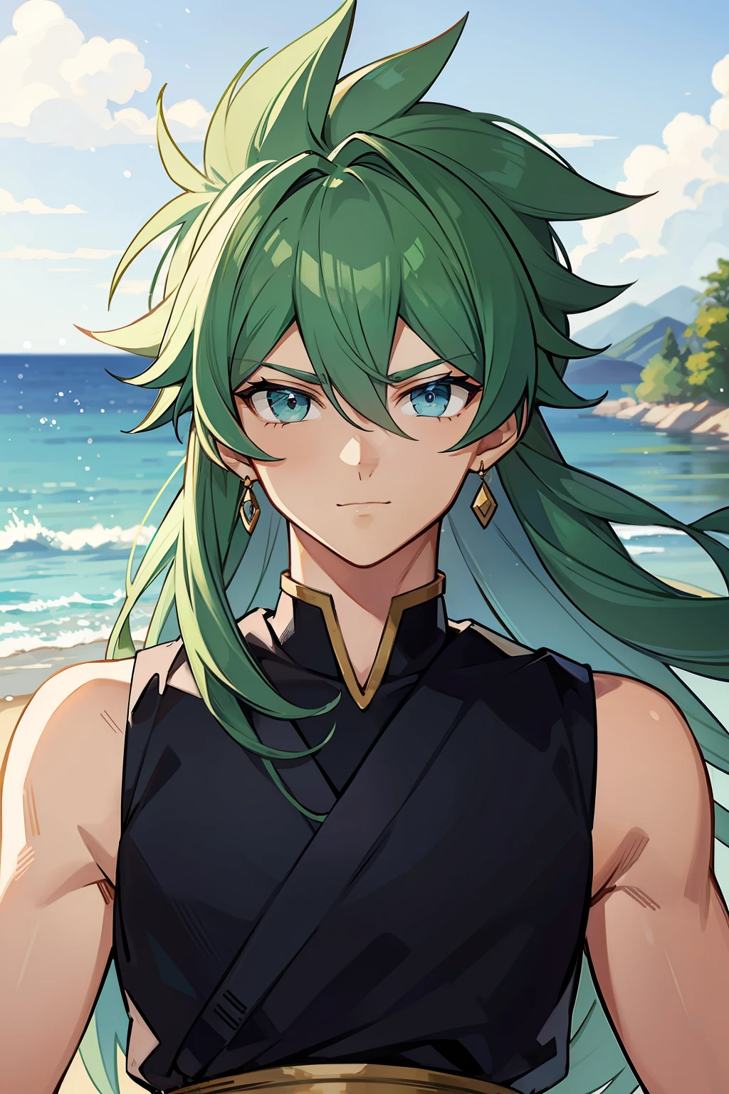 (high-quality, breathtaking),(expressive eyes, perfect face) 1boy, male, solo, young adult , light blue hair, green coloured eyes, stylised hair, gentle smile, long length hair, loose hair, side bangs, curley hair, really spiky hair, spiked up hair, looking at viewer, portrait, ancient greek clothes, blue tunic, white Chlamys, sleeveless, greek, blue and gold sash, ocean background, laurel accessory, slightly narrow eyes, masculine face, masculine eyes