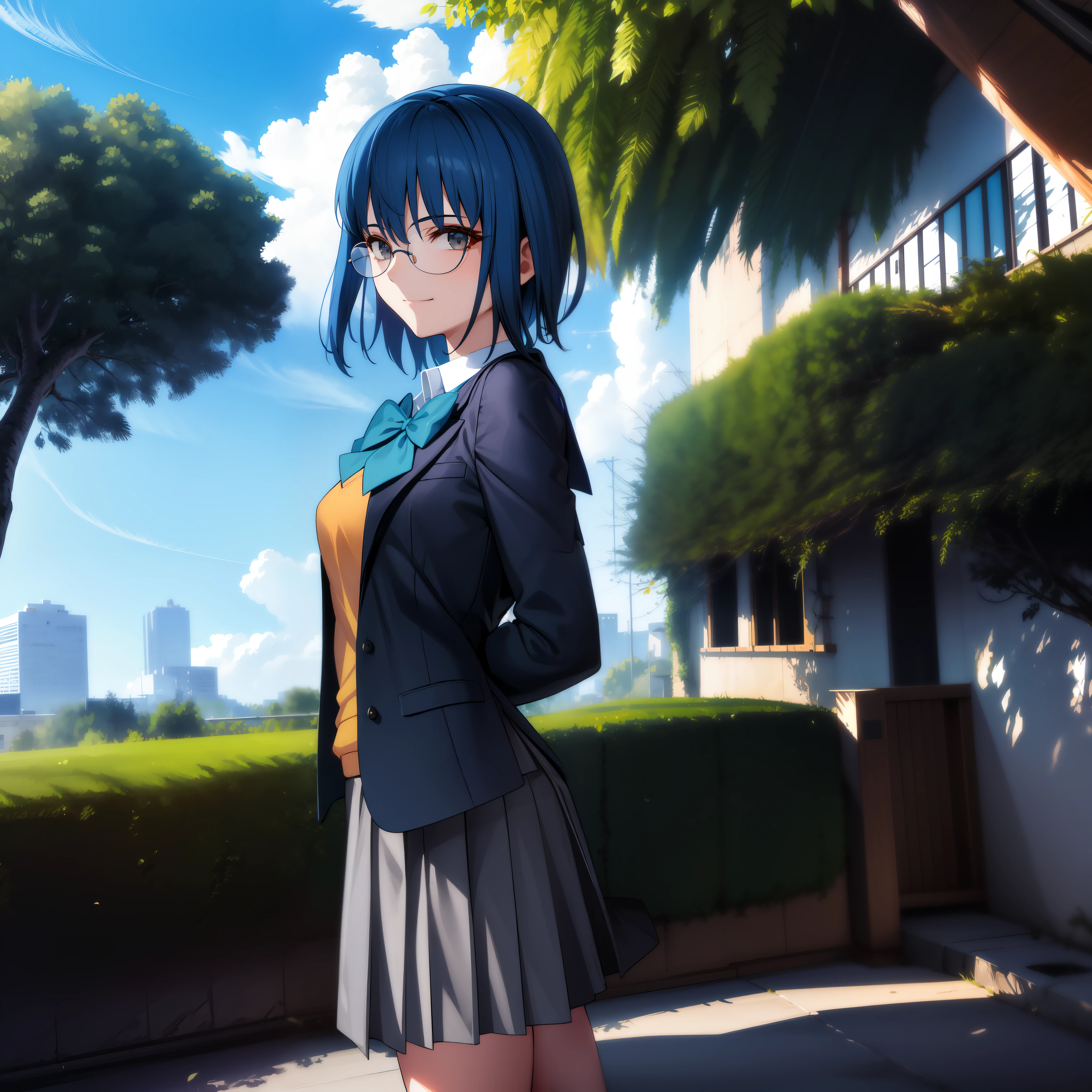 ciel_(tsukihime), 1girl, black jacket, blazer, blue hair, blurry, bow, bowtie, building, cloud, collared shirt, day, depth of field, fence, from side, glasses, green bow, green bowtie, jacket, looking at viewer, school uniform, shirt, short hair, sky, solo, standing, (full body:1.4), ciel_(tsukihime), (grey skirt:1.5), pleated skir, vest, white shirt, yellow vest, outdoors, smile, black-framed eyewear, open clothes, blue sky, closed mouth, long sleeves, tree, open jacket, blue jacket, breasts, arms behind back, yellow cardigan, uniform, pocket