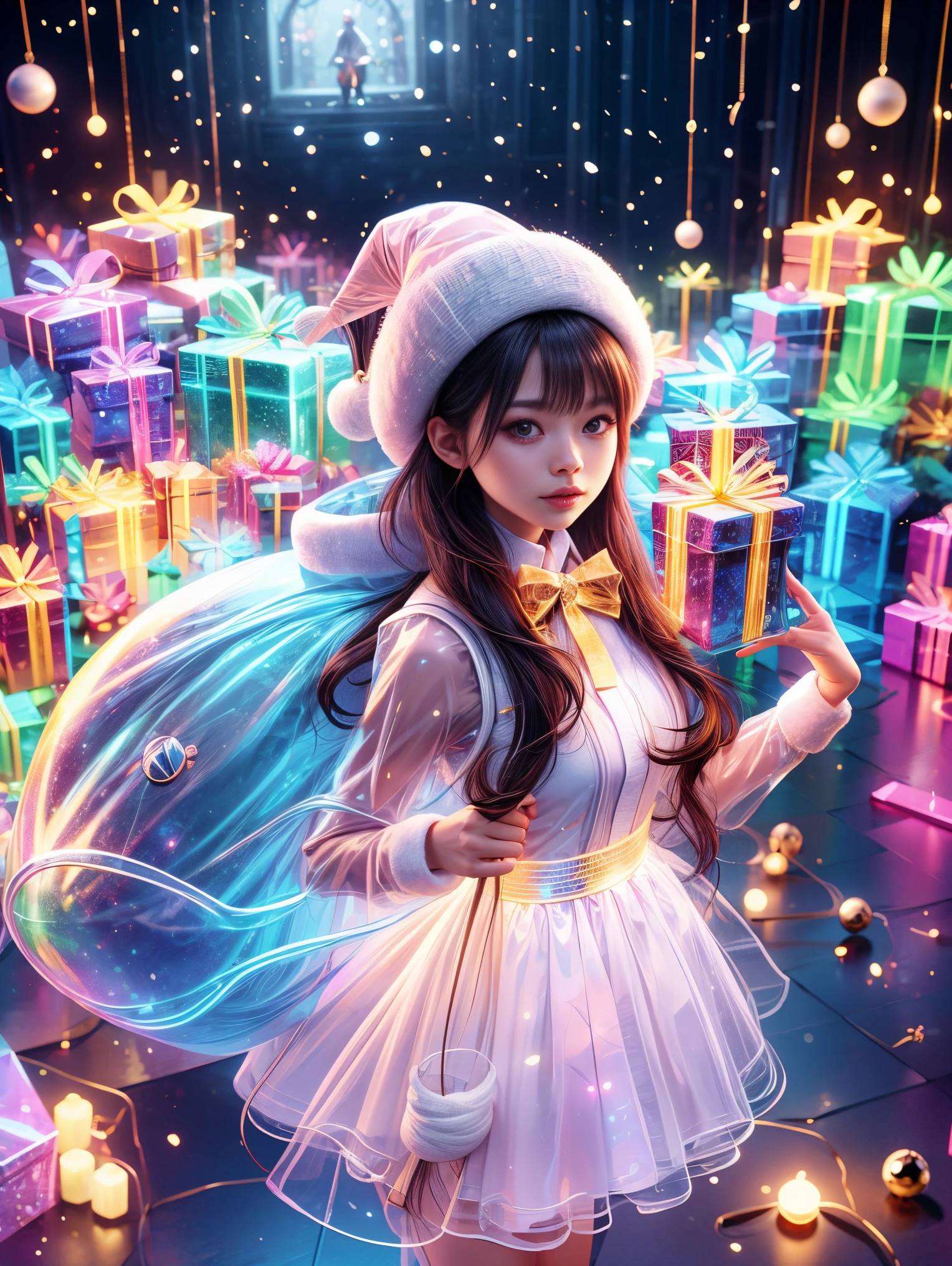 christmas，(1 girl wearing transparent glowing Christmas costume，Wearing a transparent glowing backpack)，(Holding a beautiful Christmas wreath)，Standing in Christmas decorated room