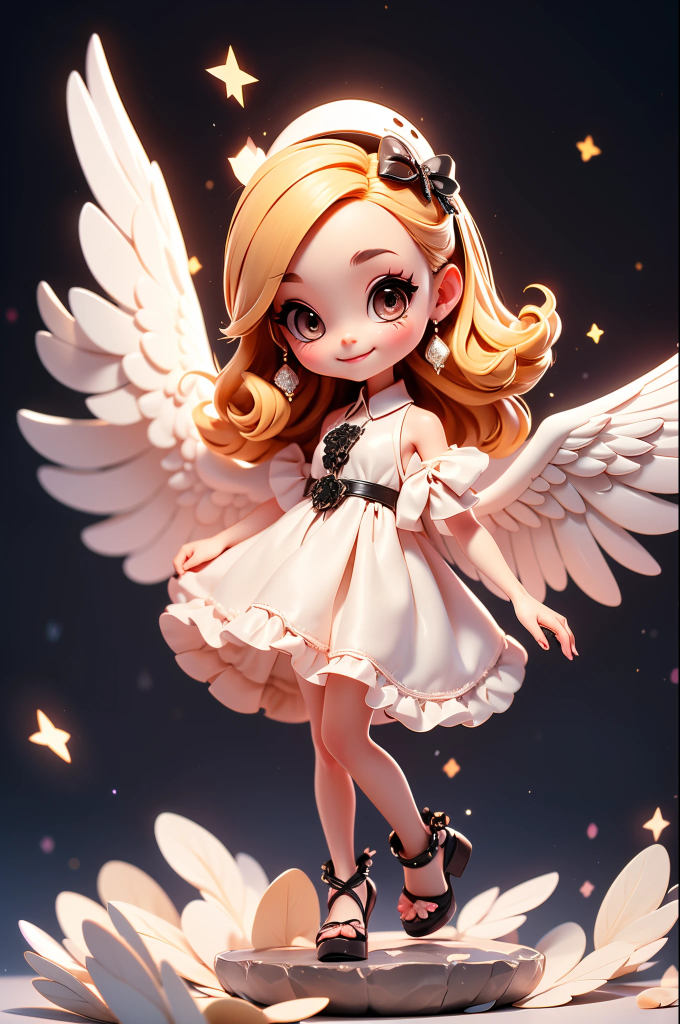Blonde girl with black wings and black pearls in a white dress of crystal clear thin fabric,A smile、Reach out before you、Floating in the sky、 Shines