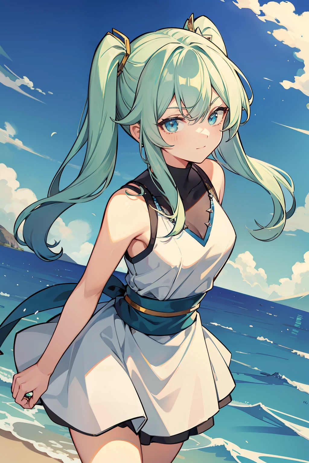 (high-quality, breathtaking),(expressive eyes, perfect face) 1girl, female, solo, young adult , light blue hair, green coloured eyes, stylised hairstyle, gentle smile, medium length hair, loose hair, side bangs, curley hair, really spiky hair, spiked up hair, pigtails, looking at viewer, portrait, ancient greek clothes, blue tunic, white Chlamys, white dress, sleeveless, greek, blue and gold sash, ocean background, laurel in hair, C cup size breasts