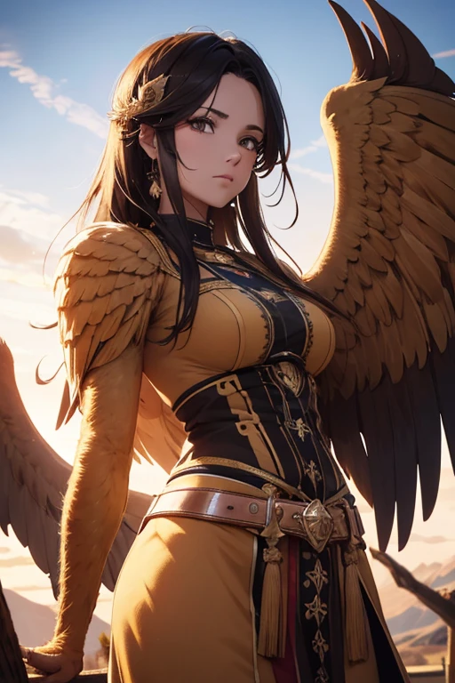 4k,high resolution,A woman,harpy,short hair,eagle tail,Big wings,with arms crossed over the chest,short dress,eagle claws,brown skin.