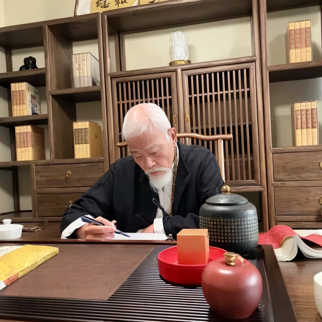 There is a man sitting at the table writing a book, Inspired by Dongyang, Selangor, He was about 8 0 years old, Riichi Ueshiba, 千 葉 雄 大, Inspired by Ito Jakuchi, inspired by Wu Daozi, Inspired by the Kannada Heart