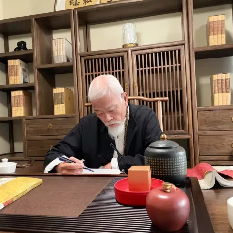 There is a man sitting at the table writing a book, Inspired by Dongyang, Selangor, He was about 8 0 years old, Riichi Ueshiba, ...