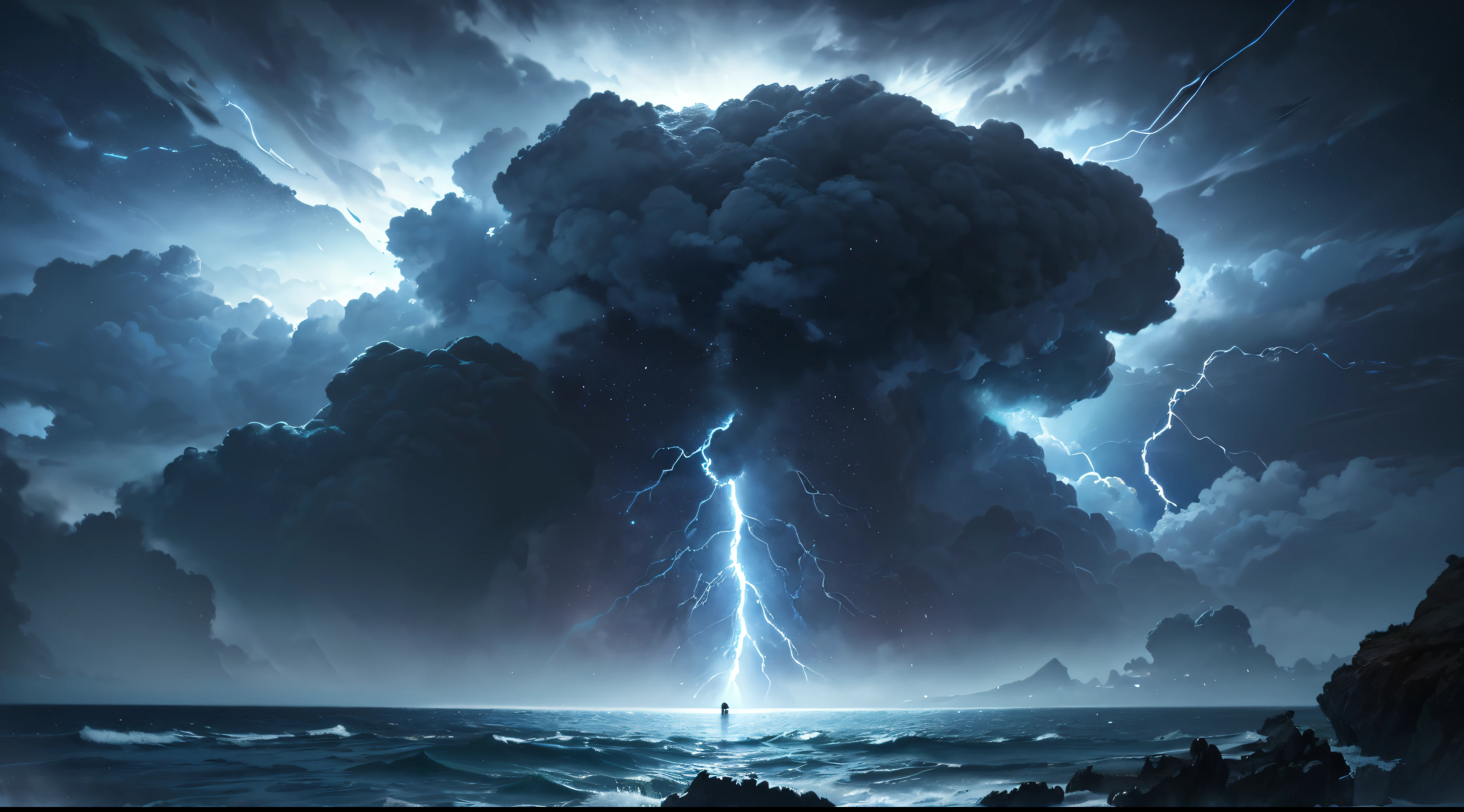 (extremely detailed CG unity 8k wallpaper), the most beautiful artwork in the world, ocean, storm, lightning, night, clouds, dark, landscape