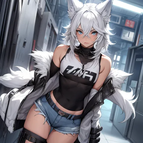 single boy, anime femboy, short, long white hair, wolf ears, wolf tail, blue eyes, wearing short denim shorts, thigh high fishne...