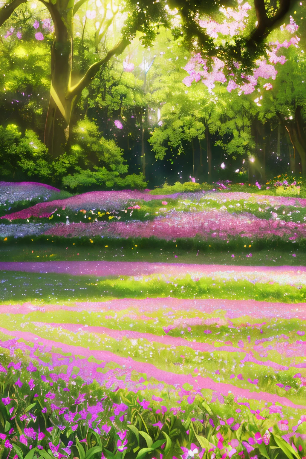 (best quality,4k,8k,highres,masterpiece:1.2),ultra-detailed,(realistic,photorealistic,photo-realistic:1.37),blooming flowers,nature scenery,beautiful garden,golden sunlight,serene atmosphere,delicate petals,vibrant colors,fresh fragrance,lush greenery,sparkling dewdrops,intricately textured leaves,flourishing plants,tall stems and delicate buds,soft breeze,scattered wildflowers,butterflies fluttering around,buzzing bees collecting nectar,peaceful sounds of nature,harmonious composition,blending hues of pinks,reds,yellows and purples,whispering grass,gentle rustling of leaves,playful sunlight and shadows,tranquil ambiance,vision of spring,overwhelming beauty of nature.