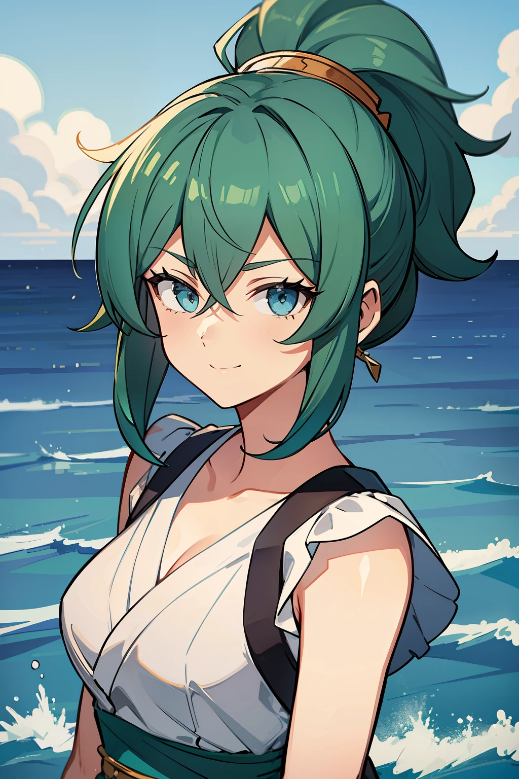 (high-quality, breathtaking),(expressive eyes, perfect face) 1girl, female, solo, young adult , light blue hair, green coloured eyes, stylised hairstyle, gentle smile, medium length hair, loose hair, side bangs, curley hair, really spiky hair, spiked up hair, ponytail, looking at viewer, portrait, ancient greek clothes, blue tunic, white Chlamys, white dress, sleeveless, greek, blue and gold sash, ocean background, laurel in hair, C cup size breasts