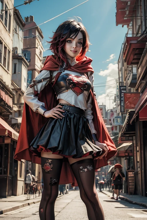 (masterpiece, best quality:1.2), solo, 1girl, mistralrose, smile, looking at viewer, t-shirt, skirt, pantyhose, red cape, thighhighs cyberpunk city background