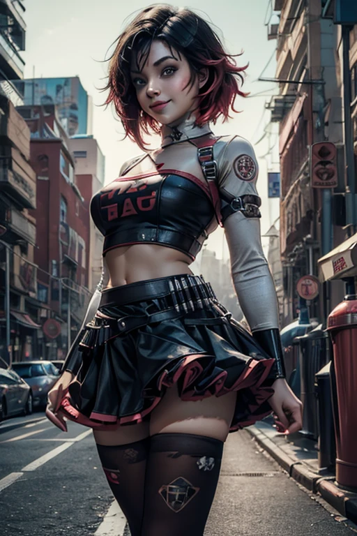 (masterpiece, best quality:1.2), solo, 1girl, mistralrose, smile, looking at viewer, t-shirt, skirt,  thighhighs cyberpunk city background