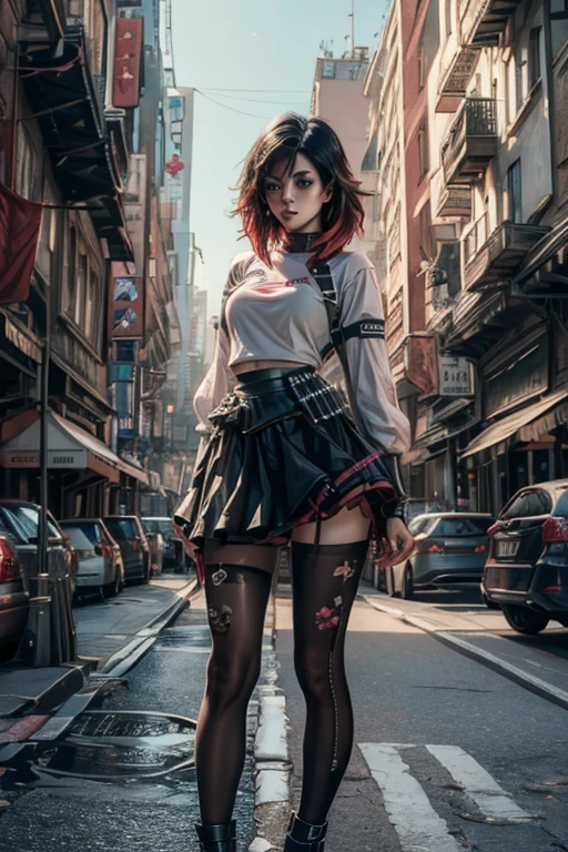 (masterpiece, best quality:1.2), solo, 1girl, mistralrose, beautiful, looking at viewer, t-shirt, skirt, pantyhose,  thighhighs cyberpunk city background