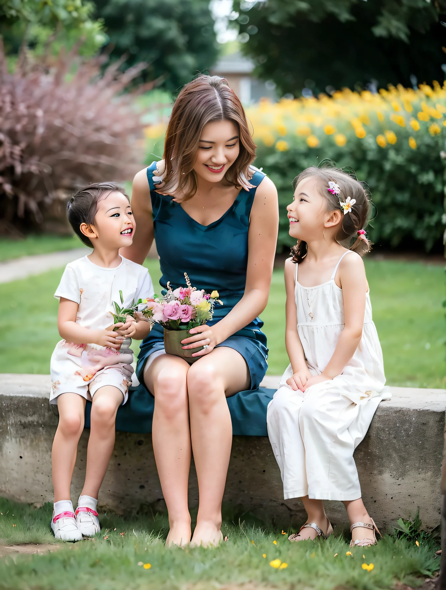 Fide woman and two small children sitting on bench, exquisite facial features, 70mm portrait, celebrating, photo shot, beautiful surroundings, 🌸 🌼 💮, Medium portrait, Holding flowers, sunday, photo shot, 60 mm portrait, had a nice time, large portrait, Family photos, beuaty girl