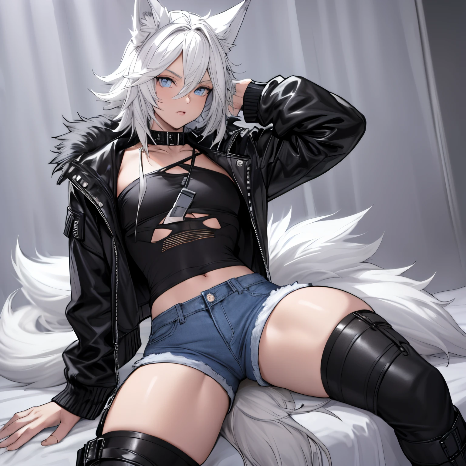 Anime girl with white hair and black leather jacket laying on a bed -  SeaArt AI