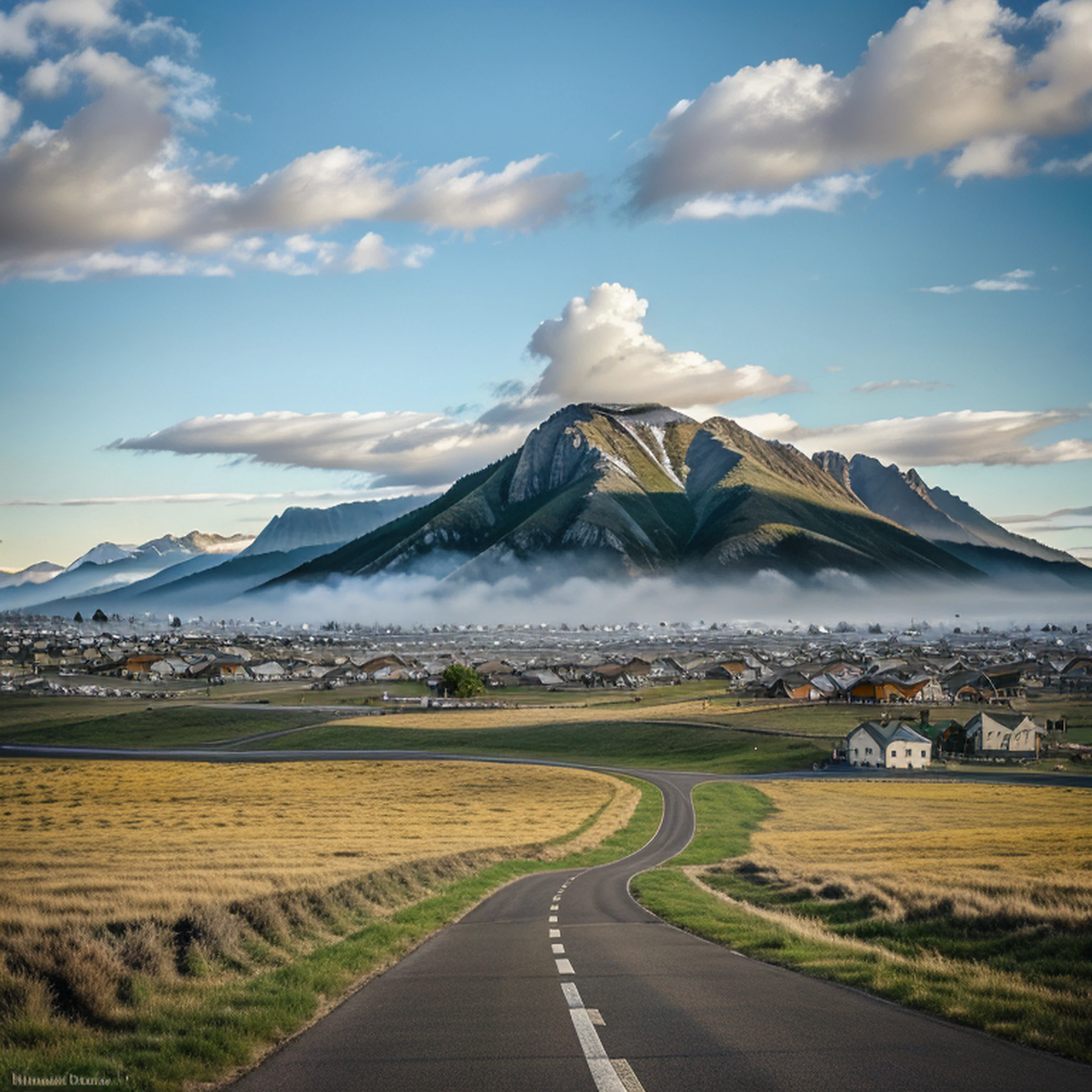 mejor calidad, obra maestra, súper alta resolución, (realism: 1.4), estilo de pintura al óleo, iluminación de película, pradera interminable salpicada de algunas casas, Me paré en la carretera asfaltada vacía y la miré., las montañas de las hadas estaban nubladas, y las grullas volaban