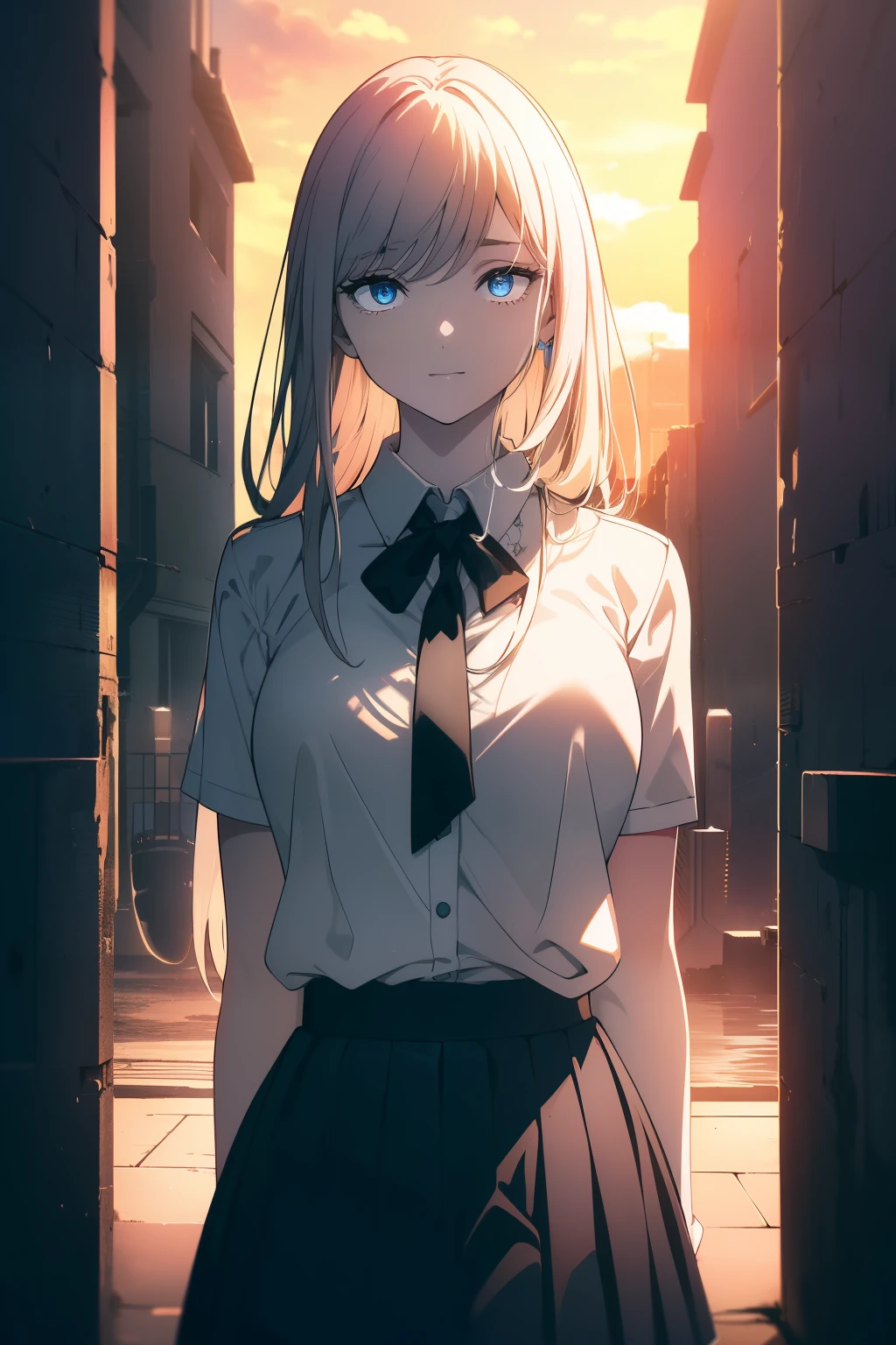 (((Obra maestra, La mejor calidad, ultrahigh resolution))), 1girl, standing, school uniform, white office shirt, black pleated skirt, ((light brown hair:0.7)), long hair cut, pale skin, ((blue eyes)), glowing_eyes, neon eyes, (((ultra detailed eyes, beautiful and detailed face, detailed eyes))), ((centered)), smile, ((wide shot)), facing viewer, eye level, (sunset background), flat chested, looking at viewer, ((half closed eyes)), ((perfect hands)), (((head, arms, hips, elbows, in view))), ((hands behind back)), empty eyes, beautiful lighting, outside, outdoors, background, defined subject, (massive hot sun), 25 years old