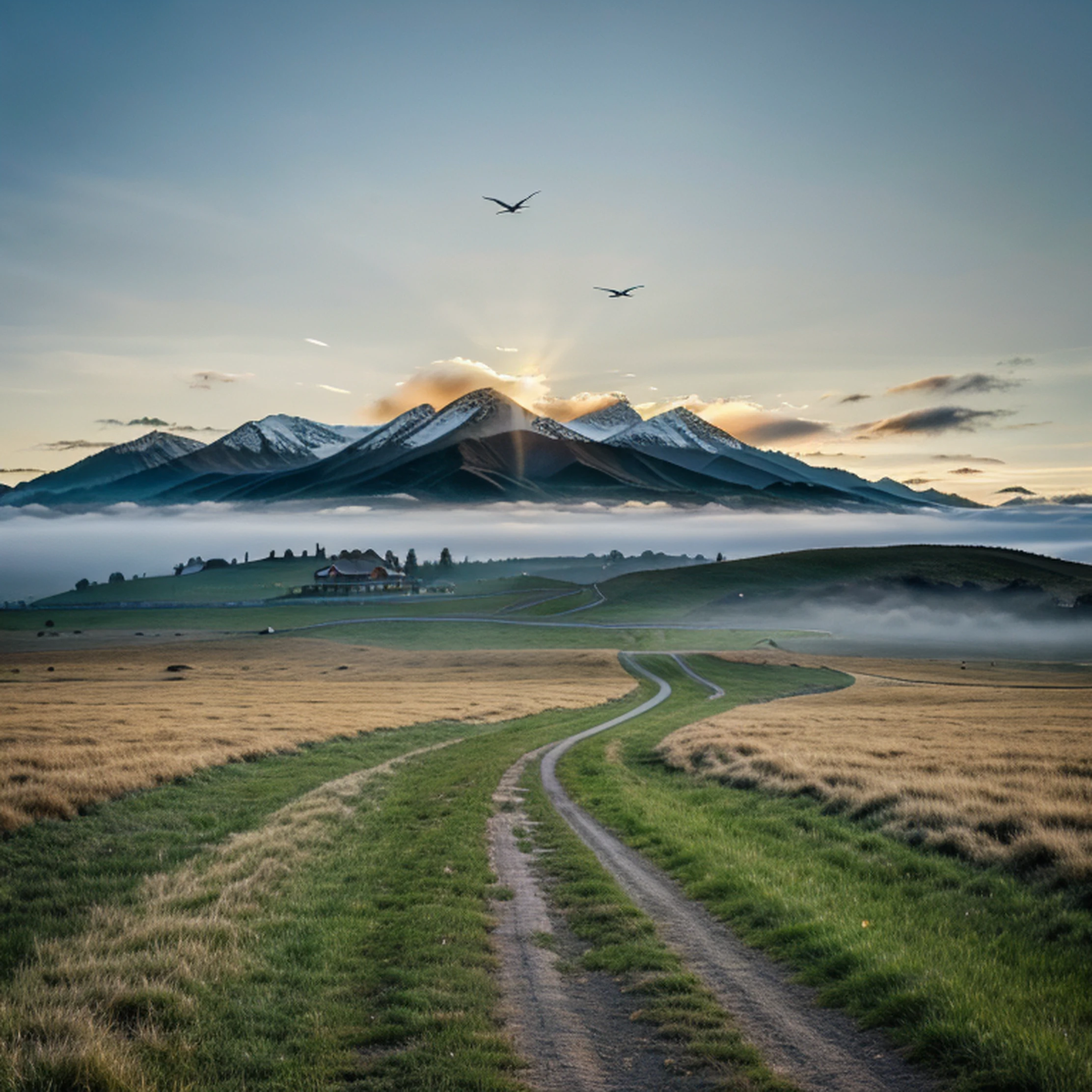 Best quality, masterpiece, super high resolution, (realism: 1.4), oil painting style, film lighting, endless grassland dotted with a few homes, I stood on the empty asphalt road and looked at it, the fairy mountains were foggy, and the cranes were flying