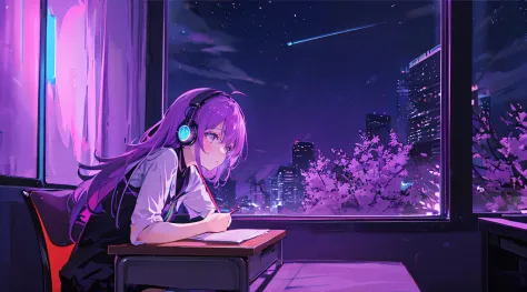Neon lights on the windowsill shine at night、Woman living alone is studying at desk on left side wearing headphones。In the corne...