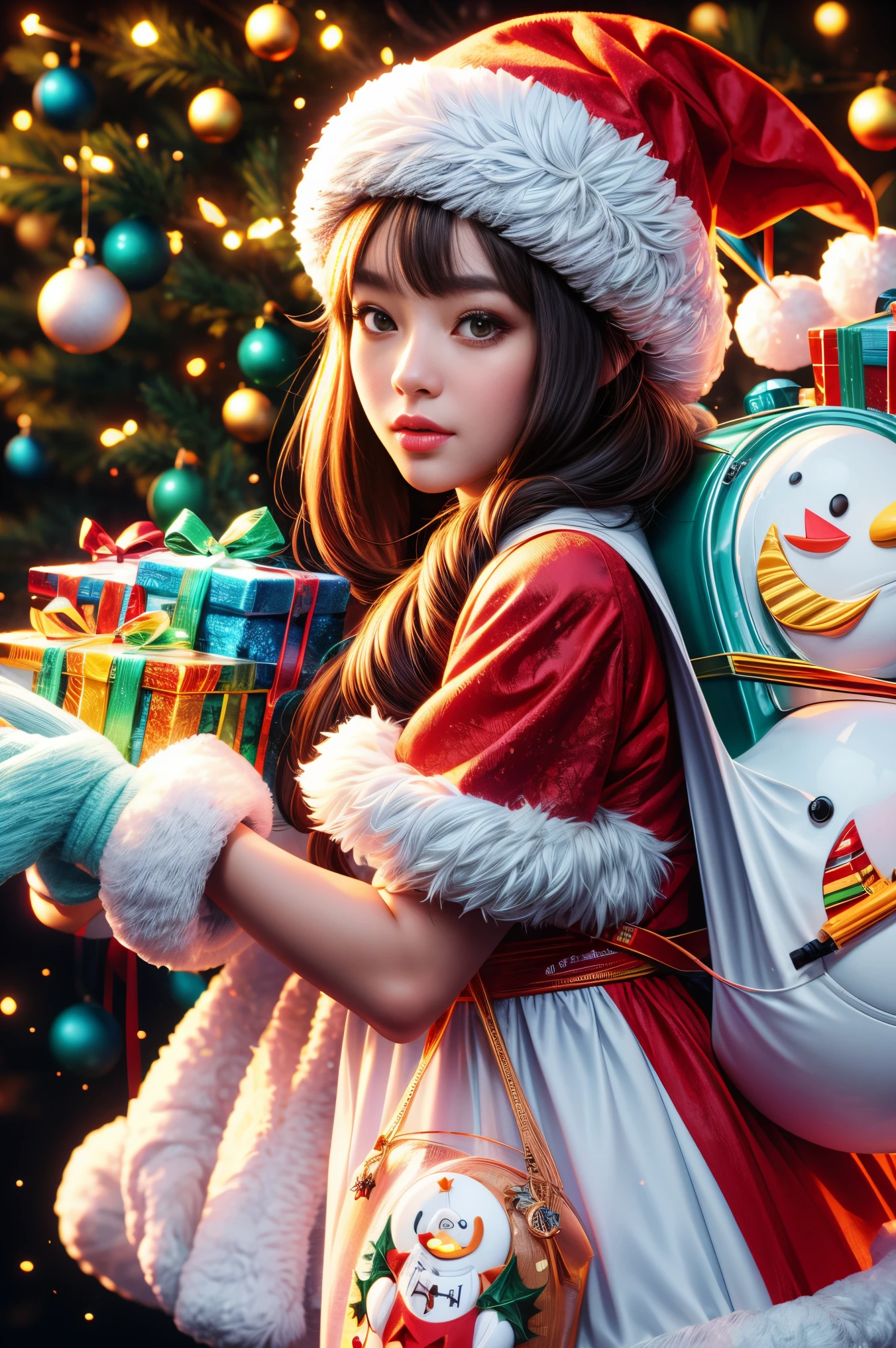 Christmas, a cute and beautiful Chinese girl wearing a glowing traditional Santa Claus costume, carrying a transparent glowing backpack, holding a beautiful Christmas wreath in both hands, standing in a bright and warm Christmas decorated room, looking at the audience, First person perspective, photo album, seven clones