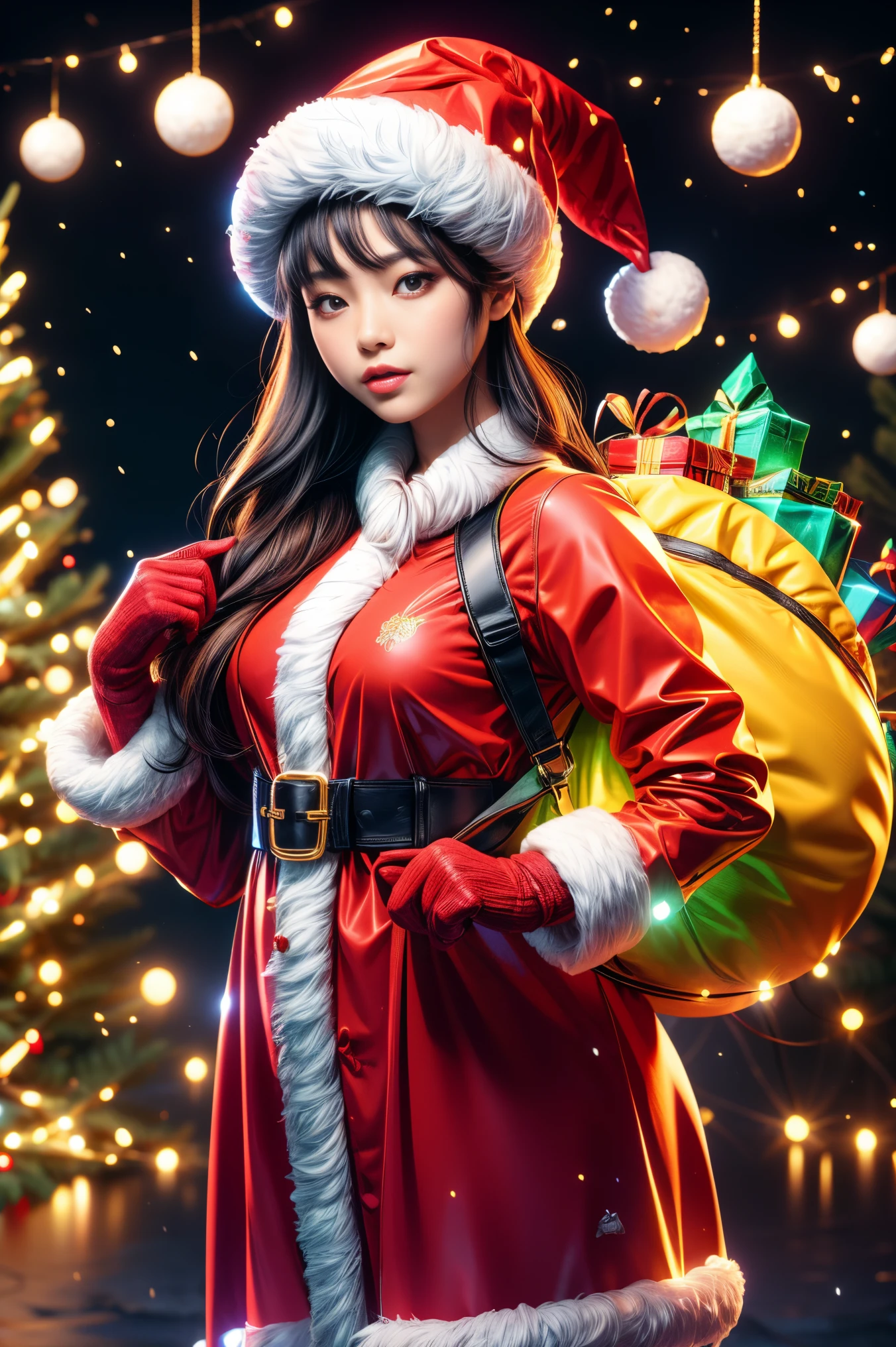 Christmas, a cute and beautiful Chinese girl wearing a glowing traditional Santa Claus costume, carrying a transparent glowing backpack, holding a beautiful Christmas wreath in both hands, standing in a bright and warm Christmas decorated room, looking at the audience, First person perspective, photo album, seven clones