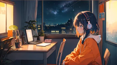 Neon lights on the windowsill shine at night、Woman living alone is studying at desk on left side wearing headphones。In the corne...