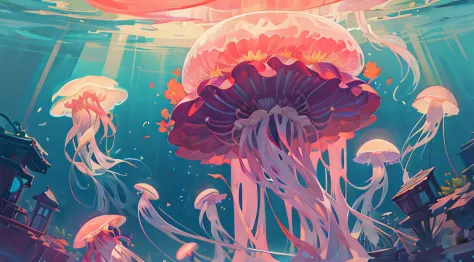 medusa flutuando no oceano com corais e algas, mar como geleia, jellyfish, Medusa, snappy, Dance of the jellyfish, Phoenix Jelly...