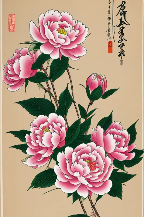 Japanese style drawing, ukiyo-e style, art, super high quality, peonies, buds, blooming