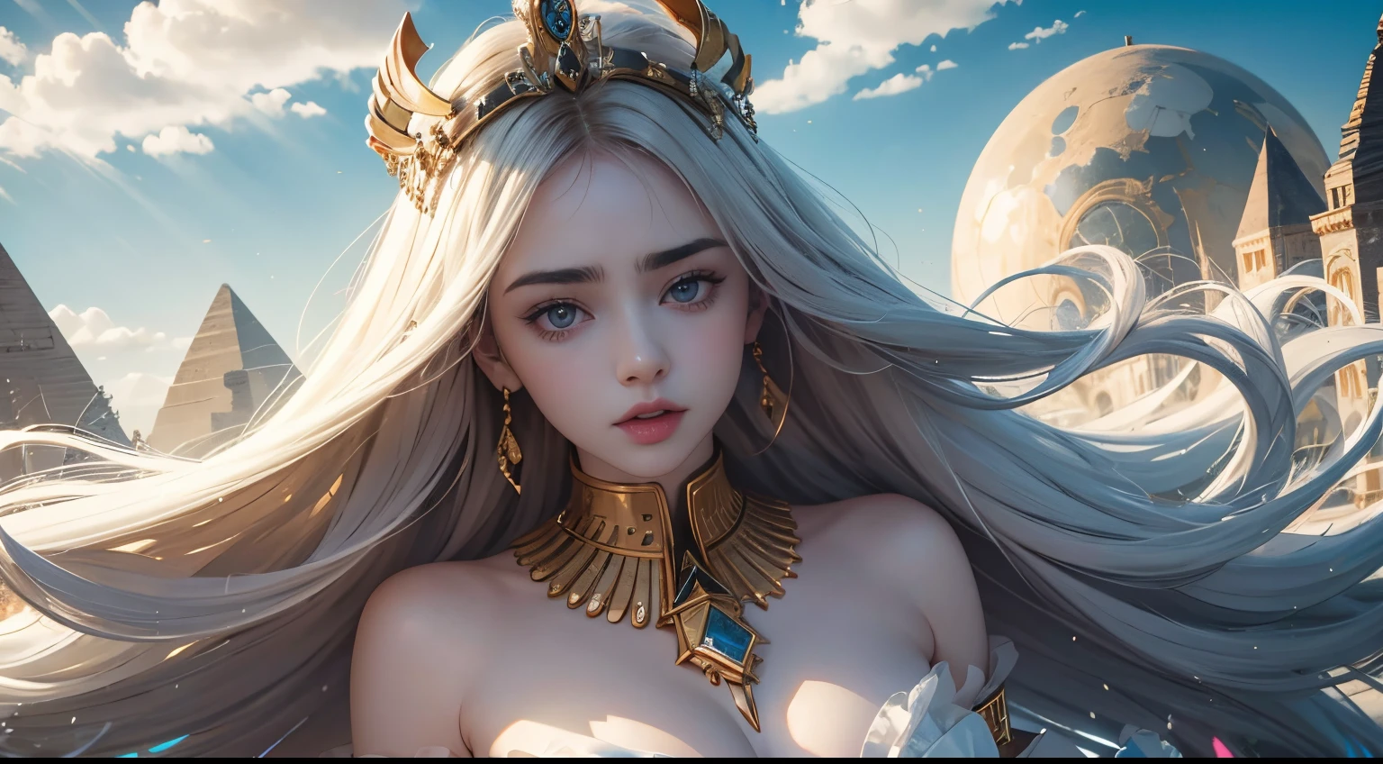 Lily Collins，Trio，queen，angelicales，Caucasians, white colors, ,godly quality master，white skinned，8K high image quality，welcoming，Big chest，A pair of big eyes are beautiful and moving，white skinned，putting makeup on，Red long-haired，curlies，Long gray hair，Gold set，Outer background，with blue sky and white clouds，Egyptian pharaoh，pyramid，Full gold，Very thorough，crystal-clear，Threadinultiple penises，Cool big gear，Strange planet，