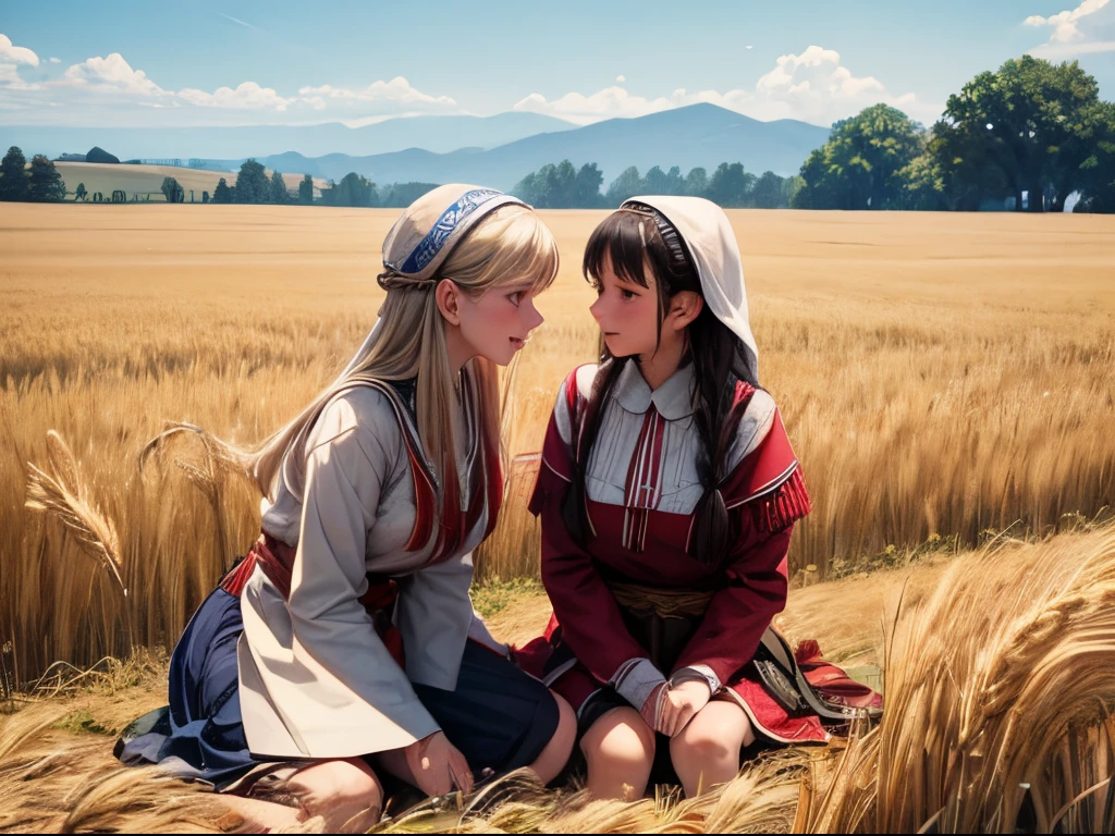 Two girls in a field of wheat looking at each other - SeaArt AI