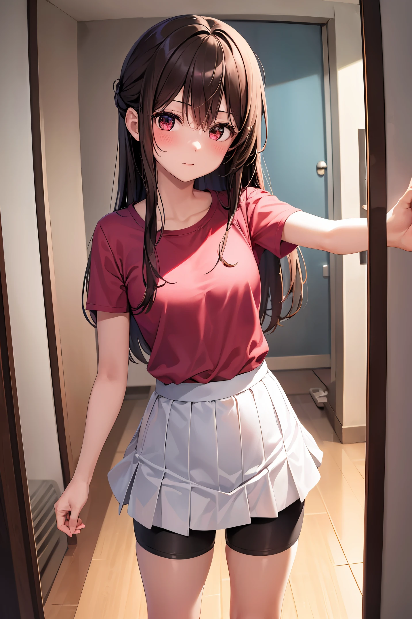 Anime girl in a short skirt and red shirt standing in a hallway - SeaArt AI