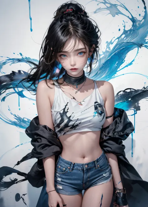 tmasterpiece， Best quality at best， 1 Sister， 独奏， short crop top， denim short， choker necklace， （scribbles：1.5）， paint splatter，...