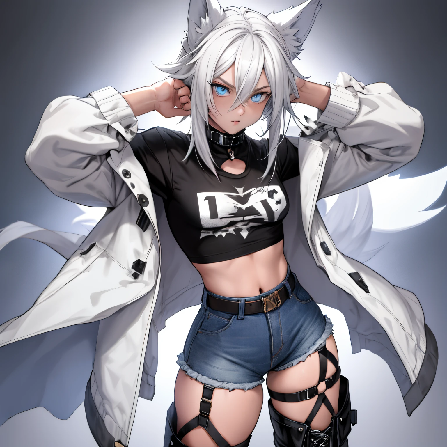 Single boy, Anime Femboy, Short, Long white hair, wolf ears, wolf tail, blue eyes, wearing short denim shorts, thigh high fishnets, black combat boots, wearing fur lined open jacket, flat chest, super flat chest, wearing cropped t-shirt, solo femboy, only one femboy ((FLAT CHEST)) solo, alone, (SOLO)(ALONE) thicc thighs, wide hips, blue eyes, perfect eyes, perfect face, pouty lips, happy