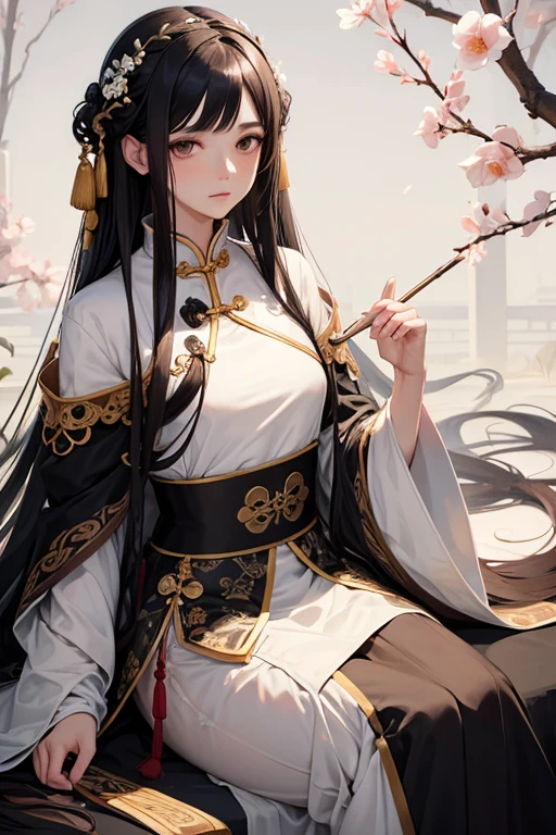 bestquality ,master-piece, illustration, Extremely Delicate and Beautiful, Very detailed , 1 Boy, Long hair pulled back, Brown eyes, Black Hair, White traditional Chinese dress, spring