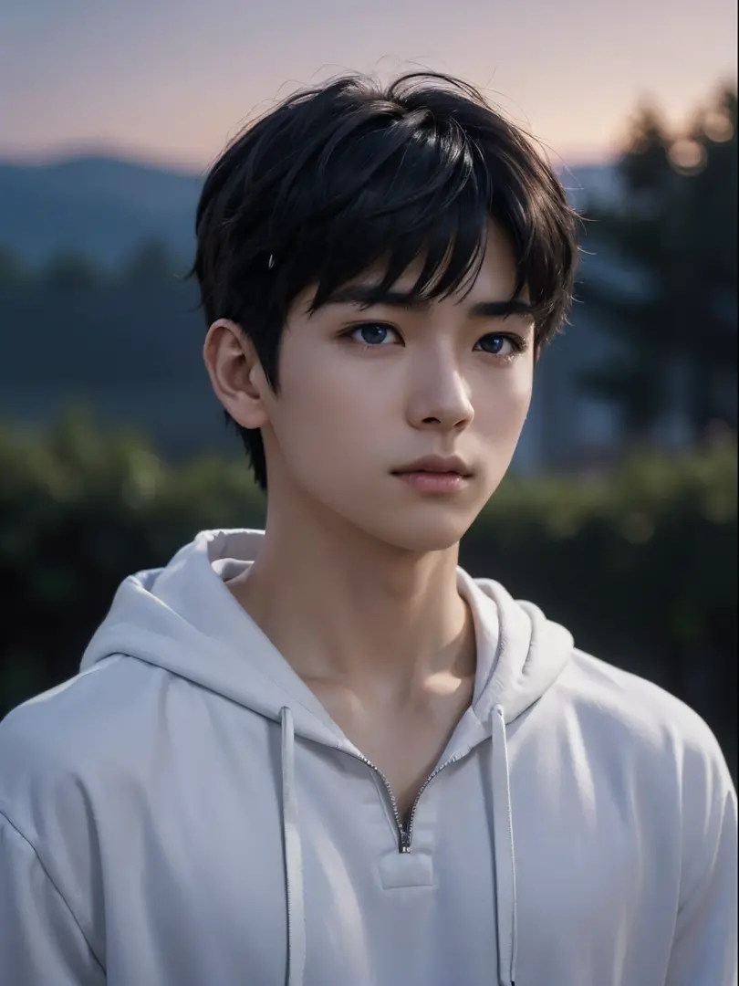 (photorealistic, masterpiece, 8K HD, good lighting quality, portrait, closing up on face, intricate details), a handsome young japanese boy, 15 years old, cute, wistful gaze, detailed face, detailed eyes, looking at the sky, wearing hoodie over shirt, neck...