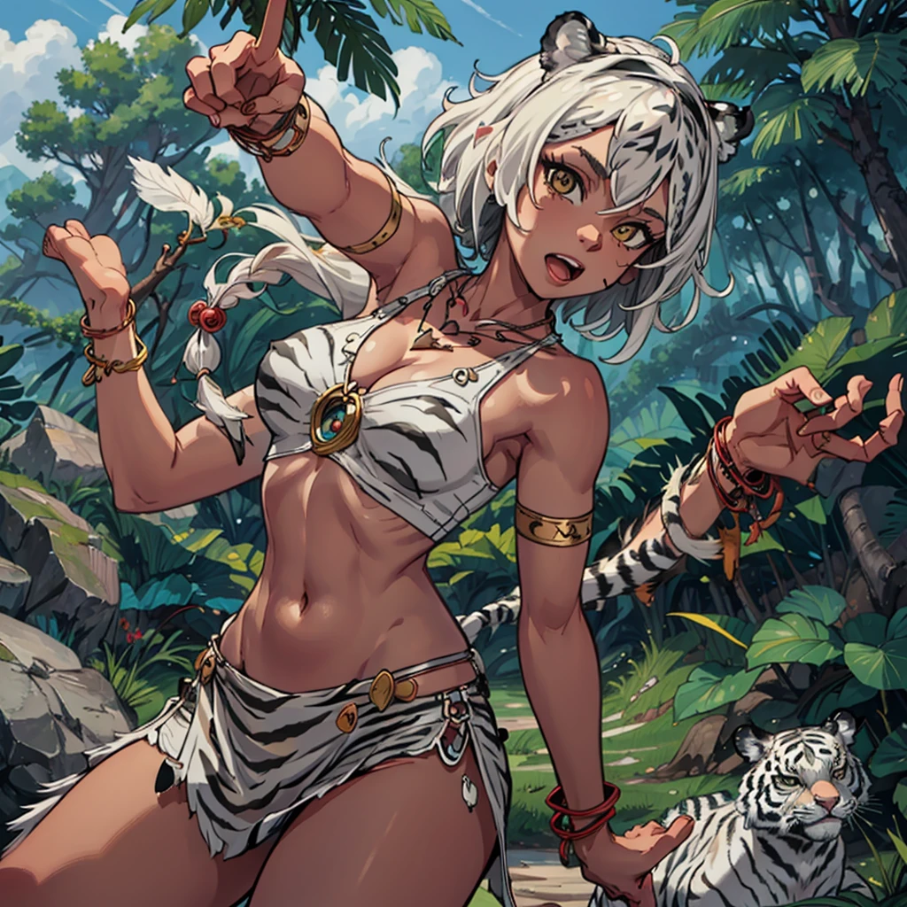 (hi reasterpiece)) , ((best quality)), illustration, furry, ((white tiger)), 1girl, armband, bracelet, breasts, feathers, forest,hairband, jewelry, looking_at_viewer, medium_breasts, merukizedeku, midriff, nature, navel, necklace, open_mouth, sandals, shin_sangoku_musou, solo, tribal, upper body, short hair, two-tone hair, claw pose,