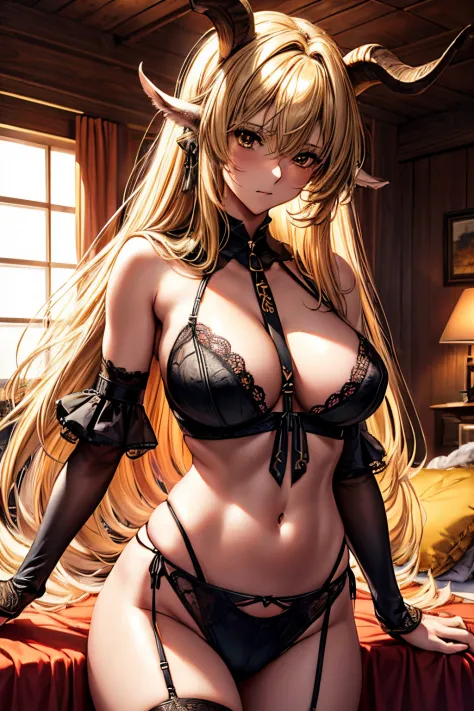 (top-quality、tmasterpiece、high resolution、super high image quality，highly detailed，8K，high saturation), 30years old，degenbrecher(arknights), goat girl, looking at viewer, large breasts, hair between eyes, goat horns, animal ears, solo, long hair, closed mo...