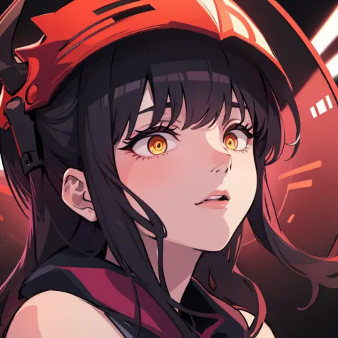Demon girl, succubus, anime girl, neon red, open helmet, yellow eyea