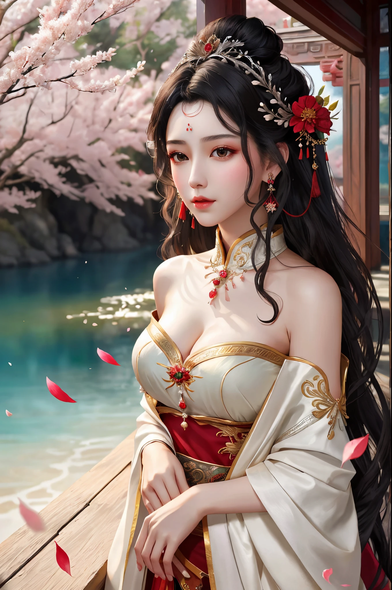 (extremely detailed CG unity 8k wallpaper,masterpiece, best quality, ultra-detailed),(best illumination, best shadow, an extremely delicate and beautiful), 1 lady (solo), bride, pretty face, detailed face, (red eyes). deatiled eyes, rosy skin, big round breast, exposed breasts, (full body: 0.5), Sexy, attractive body, slim, (Black curly hair tied half way up the head), hair covering one side, hairpin, (detailed hand), a beautiful fantasy empress, ((a beautiful fantasy empress)), palace, a girl in hanfu, (red dress), trending on cgstation, 🌺 cgsociety, artwork in the style of guweiz, Chinese style, Chinese palace background, (looking at viewer: 1.2), beautiful digital artwork, 8k high quality detailed art, walking, Falling petals, many falling petals