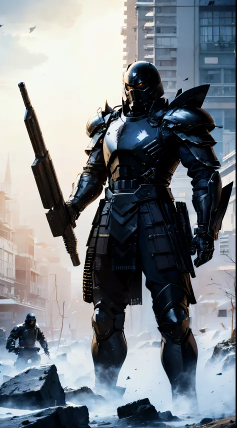 Homem&com.black armor with long-barreled weapon in hands