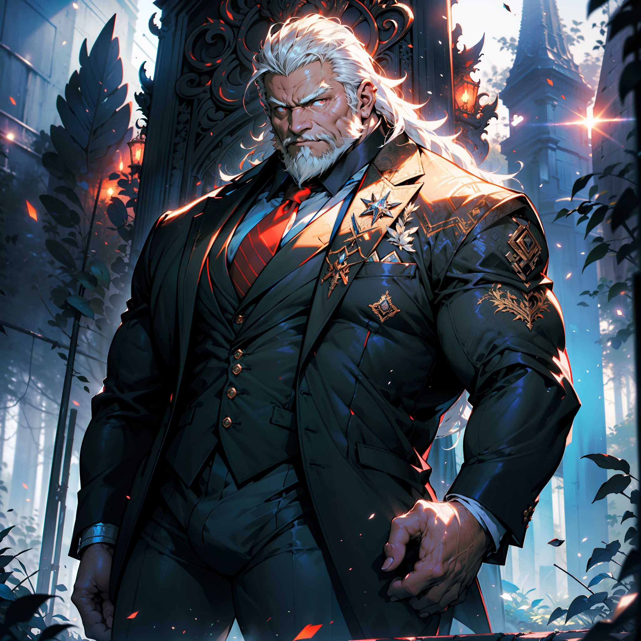 old man, bara,king, thick body, fat,long ornate suit.long tie,luxury, white beard,white hair,handsome, sharp gaze, in cage,glowing red eyes,big eyes, (big bulge), standing, hide hands behind hip, hd quality, masterpiece, extremely detailed, looking to the viewer, perspective view, UHD, k, unreal.(highly detailed skin), (detailed face), detailed background, dark lighting, twilight lighting, volumetric lighting, intricate details, UHD, evil, corrupted, forest background