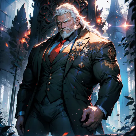 old man, bara,king, thick body, fat,long ornate suit.long tie,luxury, white beard,white hair,handsome, sharp gaze, in cage,glowi...