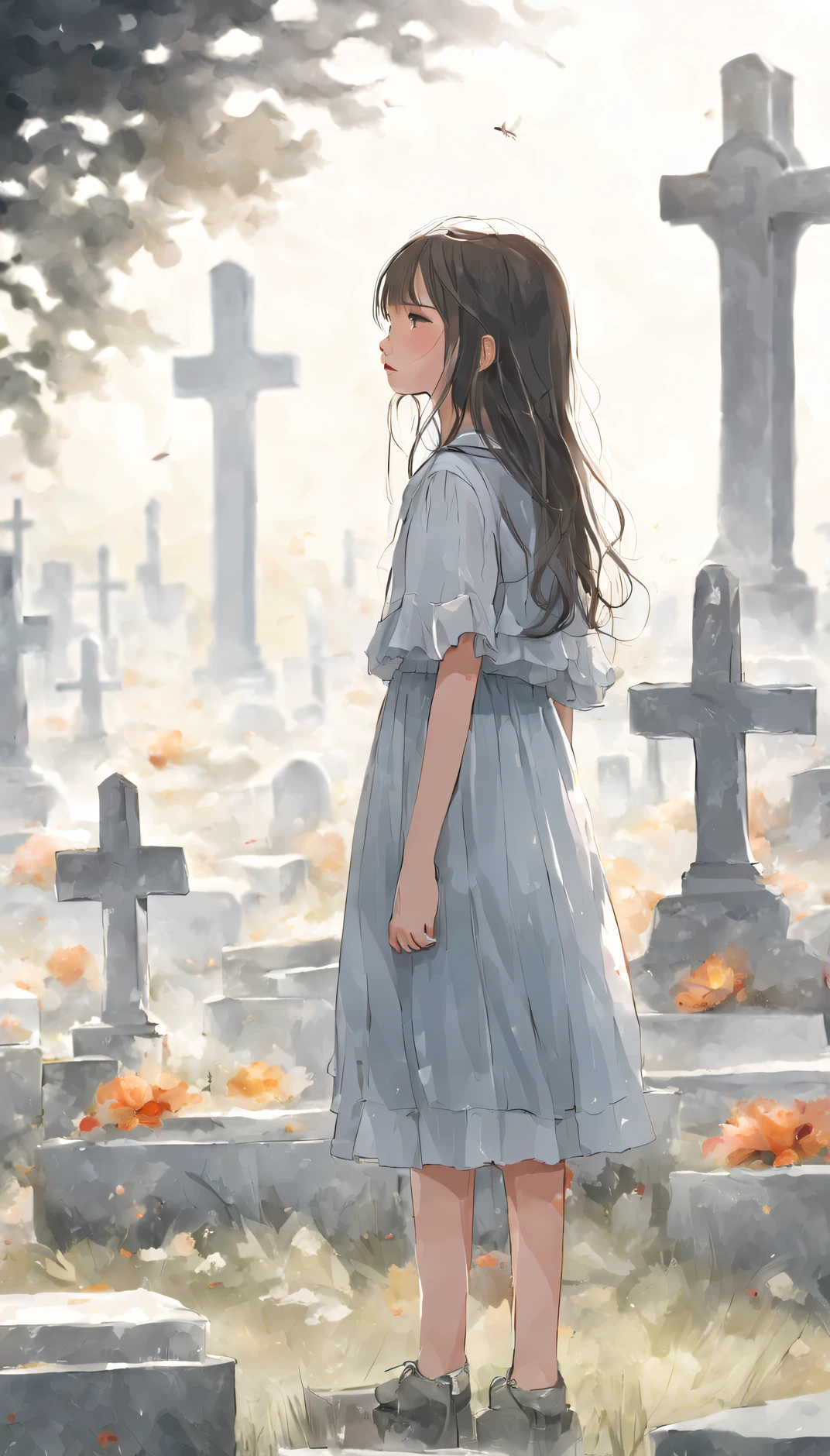 (Niñas adolescentes), (pequeña), Una niña parada frente a una tumba y llorando., Es una belleza impresionante que te hace sentir el pulso de la vida..,