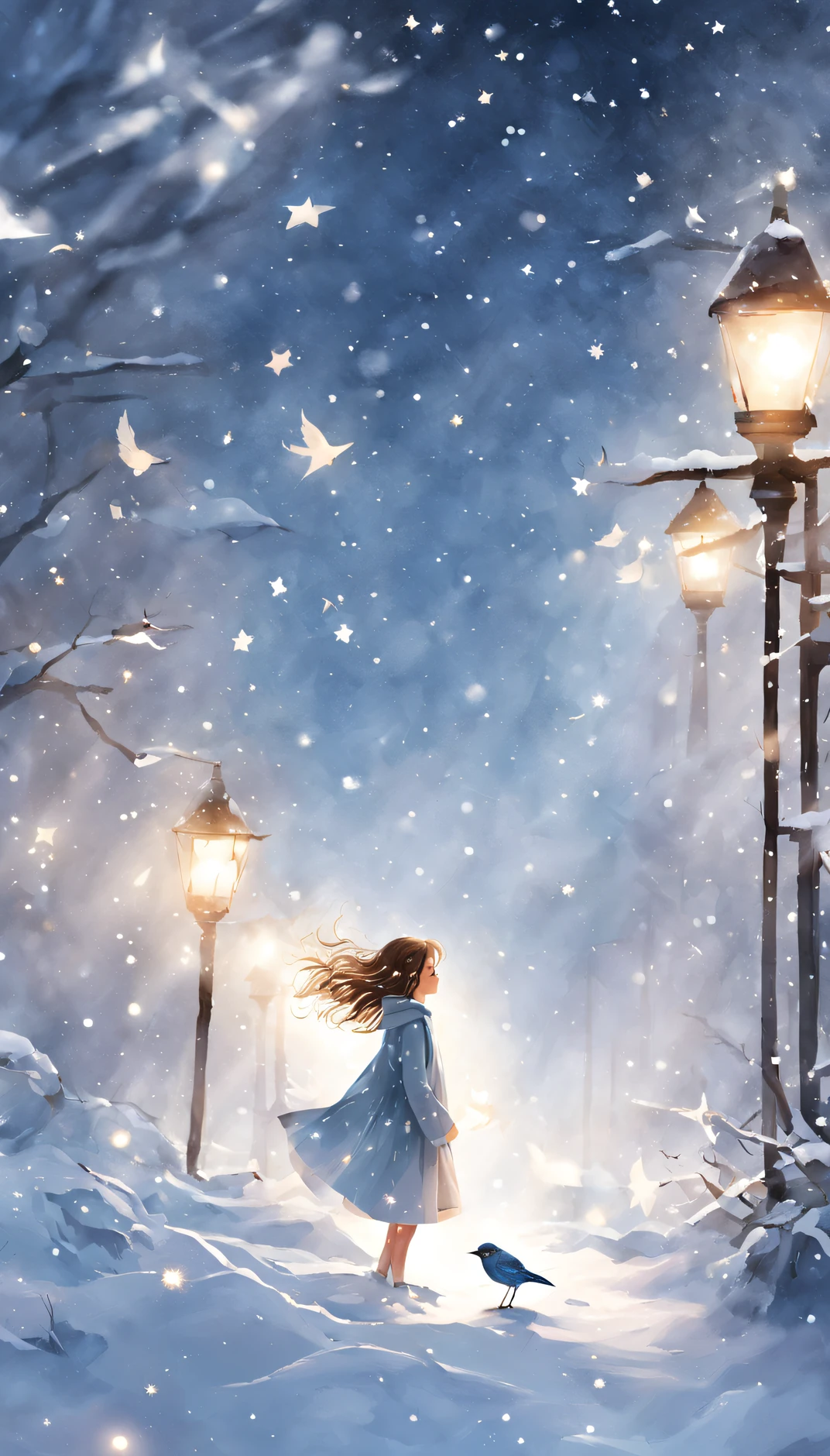 (Niñas adolescentes), (pequeña), chica rodeada de luz, nieve, aves, y estrellas en el, Es una belleza impresionante que te hace sentir el pulso de la vida..,